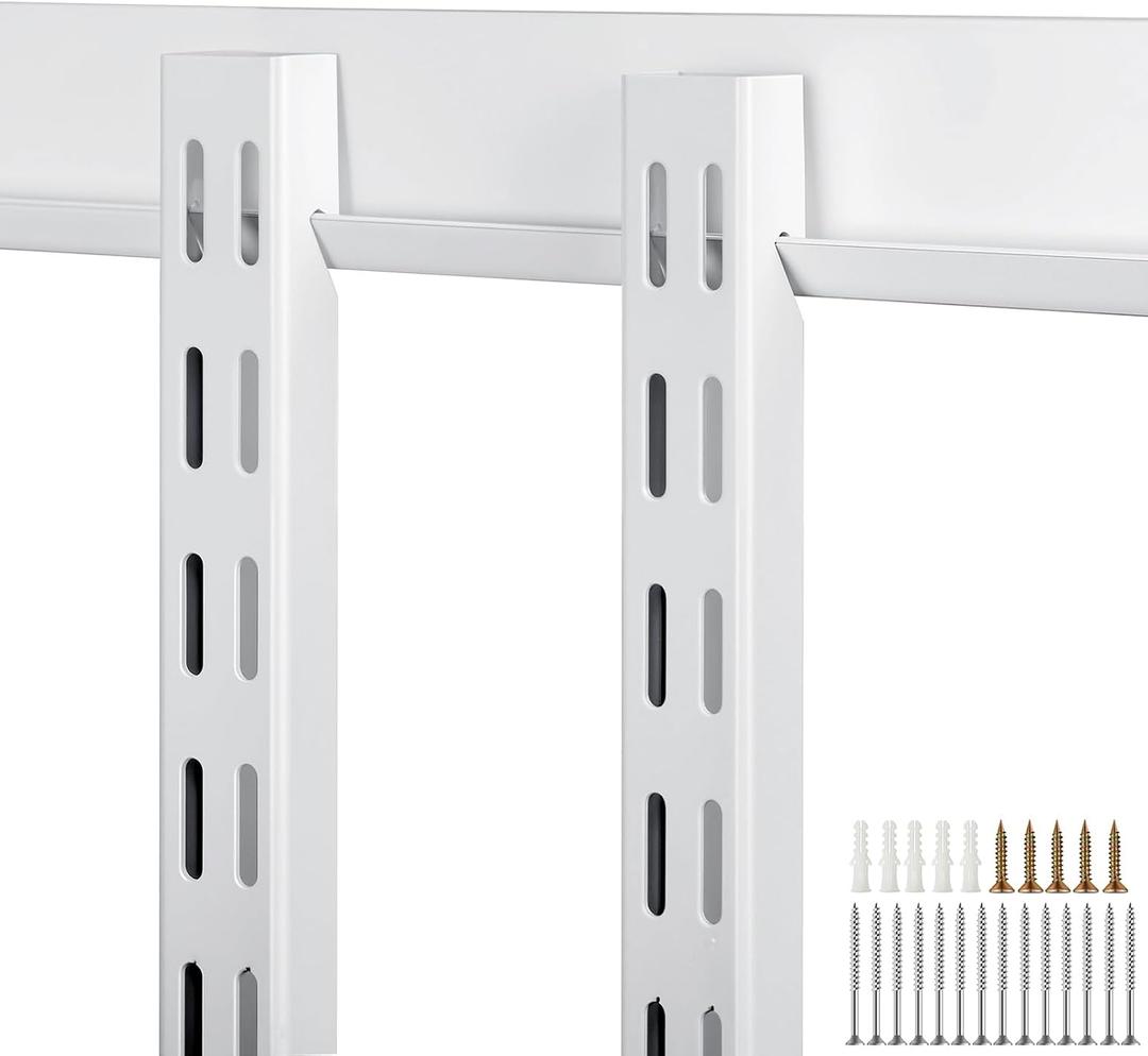 Blulu 2 Pcs 47.5 Inch Shelf Rails Bracket Dual-track Upright Wall Shelving System with 1 Pcs 40 Inch Rail Hardware White Heavy-duty Steel Wall Standard Shelf System for Home Laundry Pantry Closet