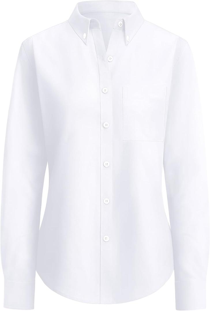 siliteelon Button Down Shirts Women Oxford Shirt Long Sleeve Stretch Dress Shirts Wrinkle Free Business Work Office Blouse (Medium, All White)