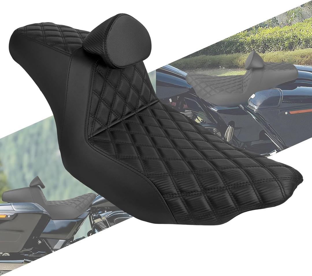 One-piece Two-Up Seat Driver Passenger Seat With Backrest Fit for Harley Touring 2024-Up Street Glide CVO 2023 Road Glide CVO 2023 (Black Stitching)