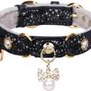 PetsHome Cat Collar, Dog Collar, [Bling Rhinestones] PU Leather Adjustable Pet Collar with Luxury Pendant for Big Cat and Small to Medium Dog Small Black (Small (Pack of 1))