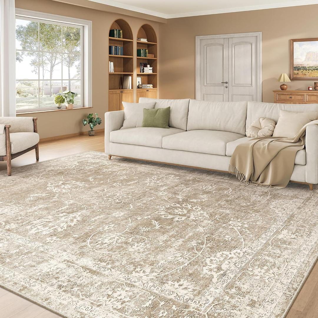 Madane 8x10 Area Rugs for Living Room, Machine Washable Vintage Rug with Anti-Slip Backing, Soft Floral Print Large Rugs, Foldable Thin Area Rug for Bedroom Dining Room (8 x 10, Brown/Sand)