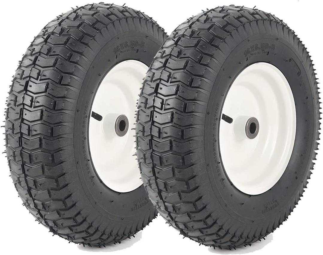 (2-Pack) 16x6.50-8 Pneumatic Tires on Rim - Universal Fit Lawn Mower and Yard Tractor Wheels - With Chevron Turf Treads - 3" Centered Hub and 3/4" Bushings - 396 lbs Max Weight Capacity (16x6.50-8 Pneumatic (Centered Hub))