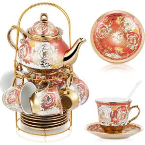 Zhehao 20 Pcs Porcelain Tea Set with Metal Holder and Spoon Adult Ceramic Tea Set European Flower Painting Teapot Cup Saucer Spoon for Women, Large Version(Noble Style)