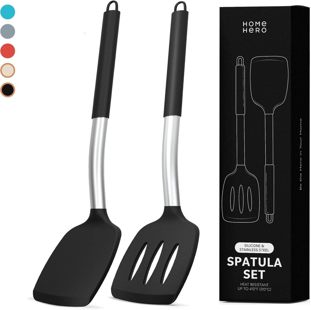 Home Hero Silicone Spatula Set - Heat Resistant Spatulas for Cooking - Ergonomic Stainless Steel Cooking Utensils - Solid & Slotted Silicone Turners - Pack of 2, Black