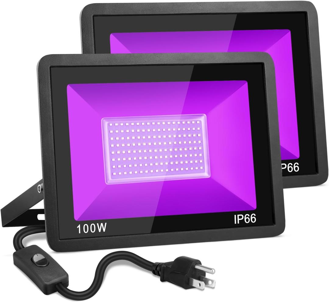 100W Black Light, 2Pack Indoor Outdoor Blacklight with Plug and Switch, Ip66 Waterproof, 365 NM UV Light for Glow Neon Party, Body Painting, Fluorescent Tapestry