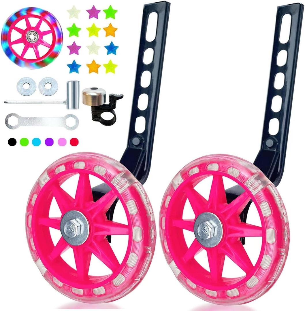 DDJKCZ Training Wheels for Kids Bicycle,Flash Mute Big Wheel Compatible for 12 14 16 18 20 inch Single Speed Bike (Bright Rose)