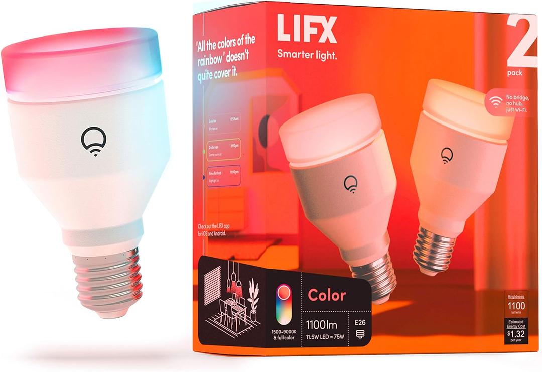 LIFX color, A19 1100 lumens, Wi-Fi Smart LED Light Bulb, Billions of colors and Whites, No bridge required, Works with Alexa, Hey Google, HomeKit and Siri multicolor (Pack of 2)