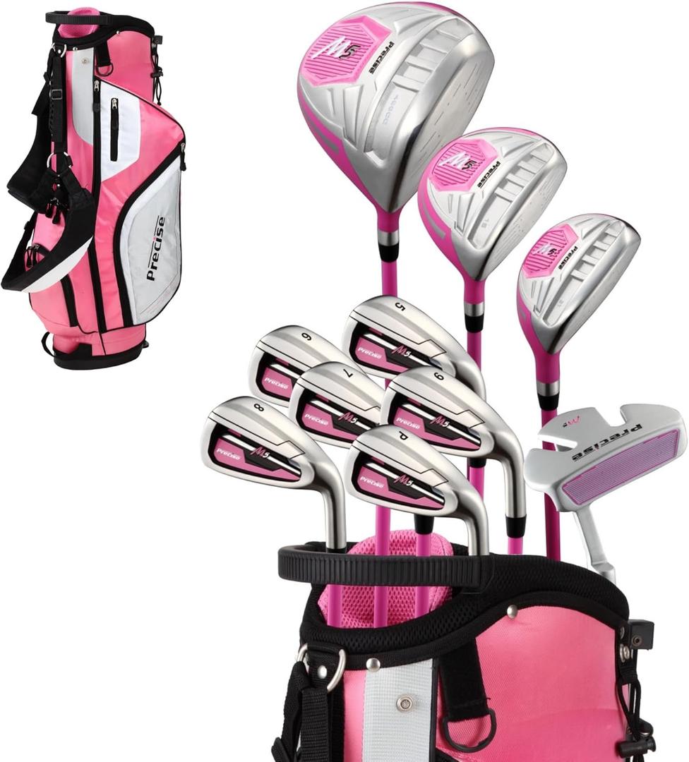 Precise M5 Womens Golf Clubs Full Set, Titanium Driver, S.S. Fairway, S.S. Hybrid, S.S. 5-PW Irons, Putter, Stand Bag, 3 H/C's, Golf Clubs Women Right Handed, Pink (Left Hand Petite Size -1")