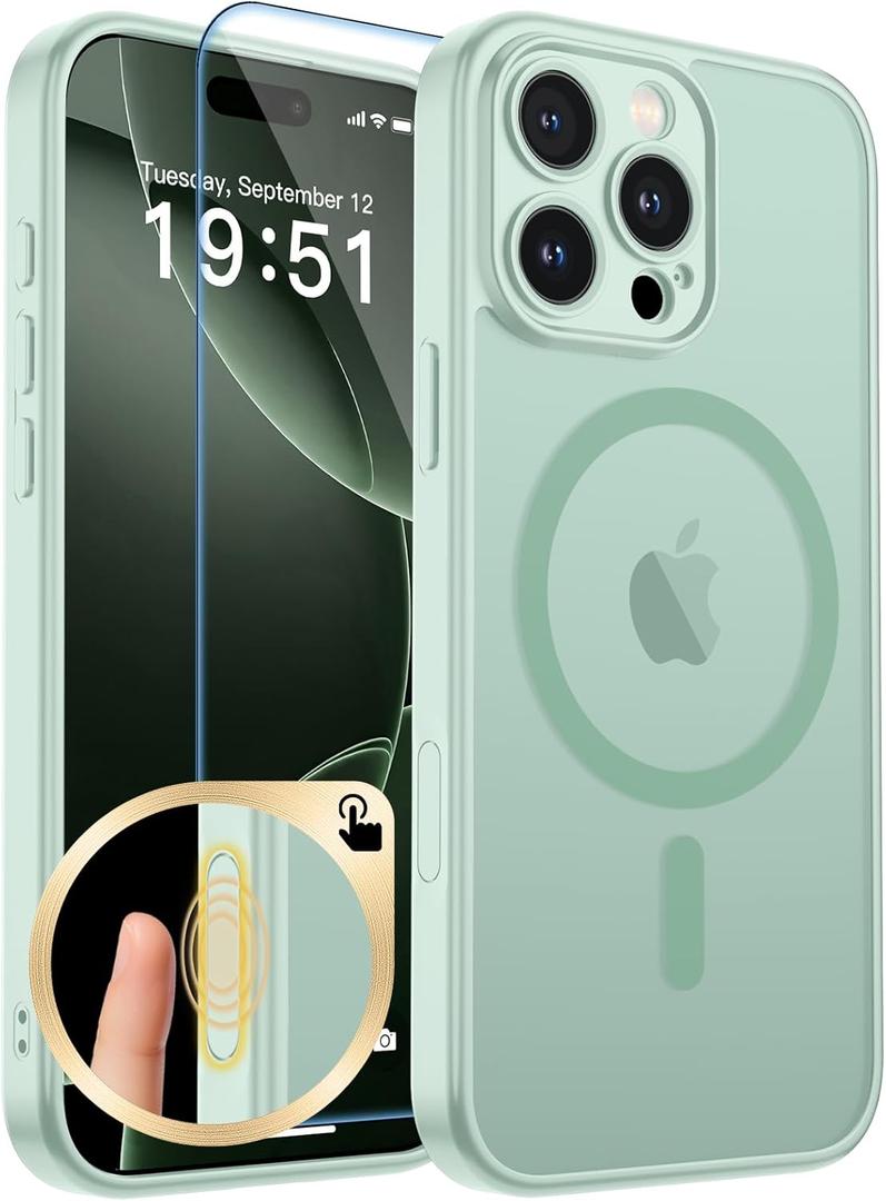 Magnetic for iPhone 16 Pro Max Case, Upgraded [Camera Control Button] [Full Camera Protection] [with 1 Screen Protector] Translucent Matte Shockproof Protective Phone Cover, Light Green