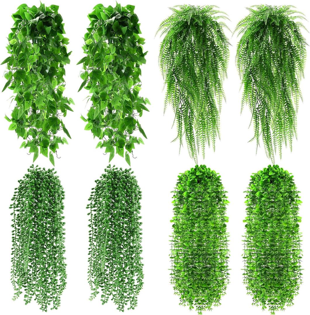 Daifunli 8 Pcs Artificial Hanging Plants Fake Hanging Ferns Plastic Faux Plants for Wall Room Garden Garland Indoor Outdoor Decor No Basket (Boston,Eucalyptus,Ivy Vine,String of Pearls)