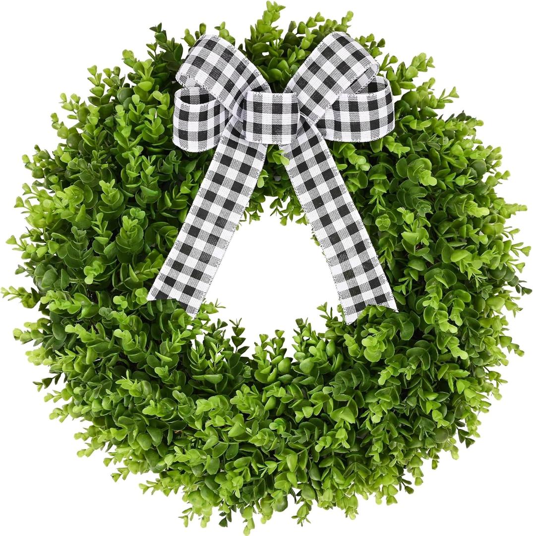 Vlorart 24" Large Boxwood Wreath for Front Door, Artificial Greenery Wreath with Plaid Bow, Full Lush Spring Summer Farmhouse Wall, Window & Wedding Decor