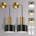 Set of 2 Battery Operated Wall Sconces, Wireless Wall Lights with Remote, Black & Gold Dimmable Wall Lamps with 3000K/4000K/6000K LED Bulbs, Modern Sconces Wall Decor for Bedroom Living Room Hallway