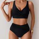 Fanuerg Women High Waisted Bikini Sets V Neck Cross Twist Front Two Piece Swimsuit Tummy Control Bathing Suit (Black, XL)