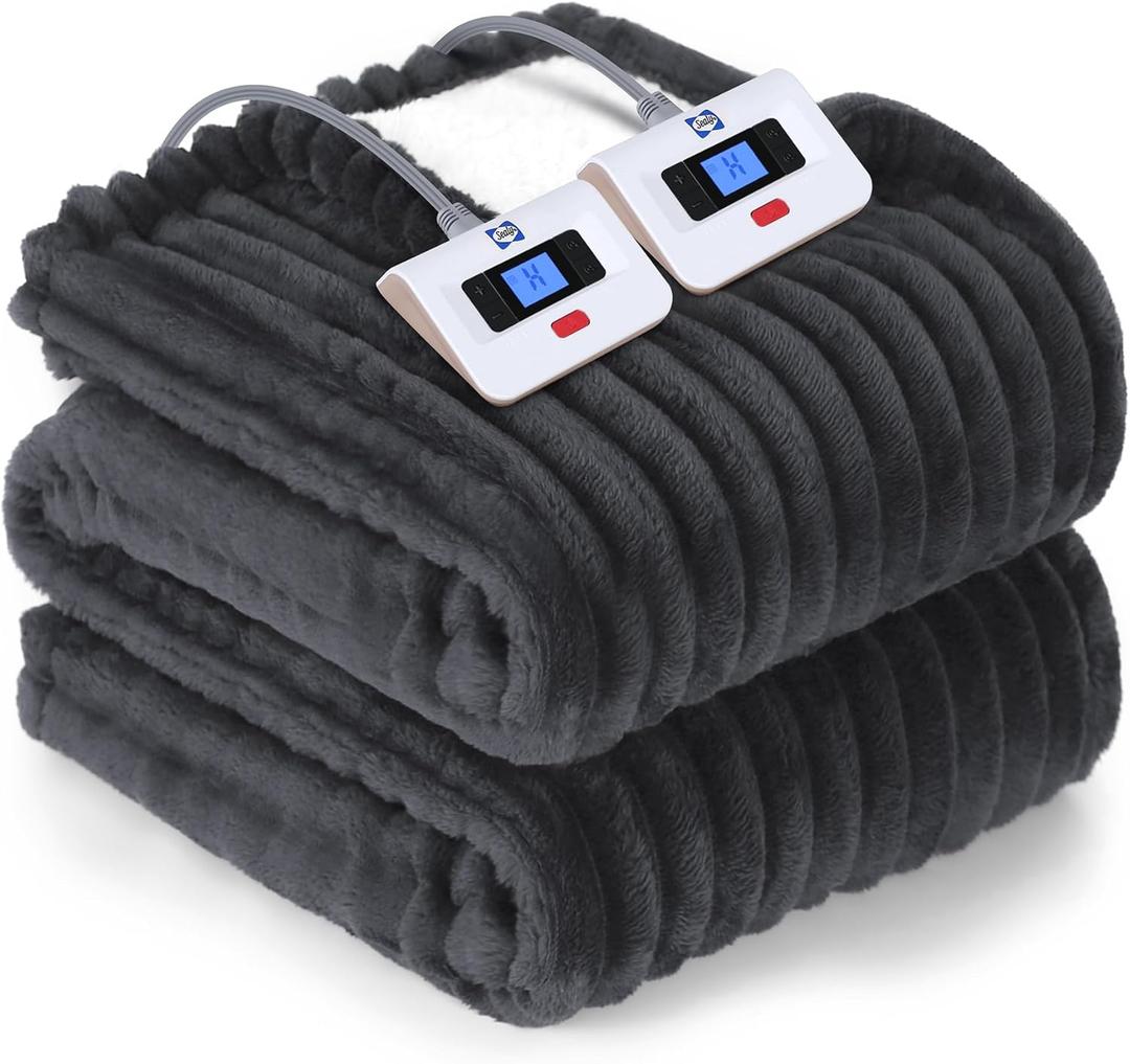 Sealy Electric Blanket Queen Size, Soft Ribbed Flannel to Sherpa Reversible Heated Blanket with Dual Control 10 Heat Settings & 1 to 12 Hours Auto-Off 84"x90" Machine Washable, Charcoal