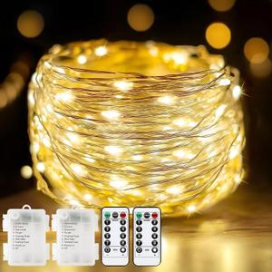 Metaku 2 Pack 33Ft 100 LED Fairy Lights Battery Operated String Lights with Remote Timer, LED Twinkle Lights for Bedroom, Party, Wedding, Centerpiece, Christmas Tree (Warm White)