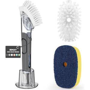 RIMAY Dish Brush with Soap Dispenser Storage Set with 2 PCS Brush Refills & Holder, Dish Scrubber with Soap Dispenser, Dish Soap Brush, Dish Wand with Soap Dispenser for Dishes, Pans, Sink, Pots