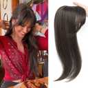 18 inch Hair Topper for Women with Bangs 3D 360 Cover Fluffy Toppers Synthetic Thinning Long Straight Hair Pieces for Women Clip in Bangs with Topper Chestnut Brown