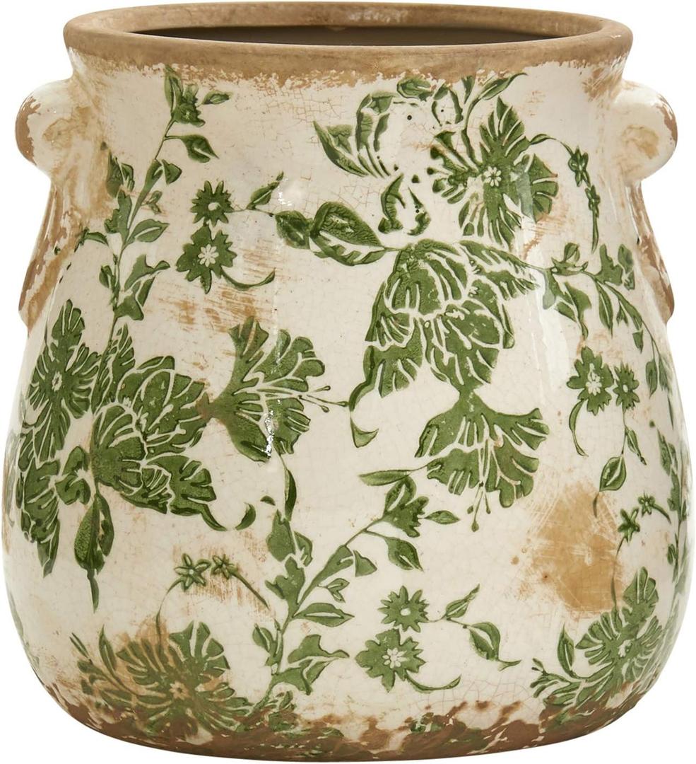 Nearly Natural 6.5in Ceramic Decorative Vase, Tuscan Style Green Floral Scroll Design For Indoor Home Shelf Table Decor