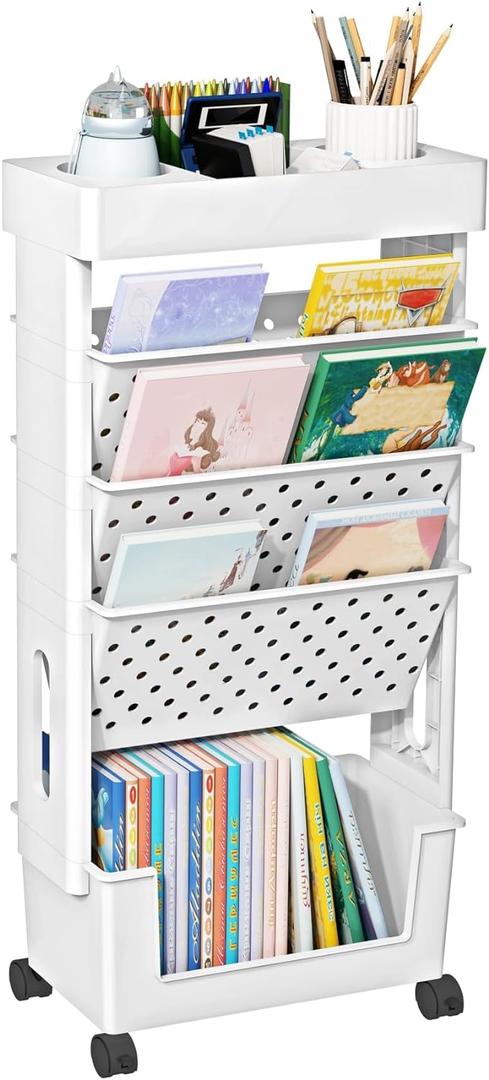 5 Tier Rolling Utility Cart Multi-Functional Movable Storage Book Shelves with Lockable Casters for Study Office Kitchen Classroom, White (5-Tier, White)