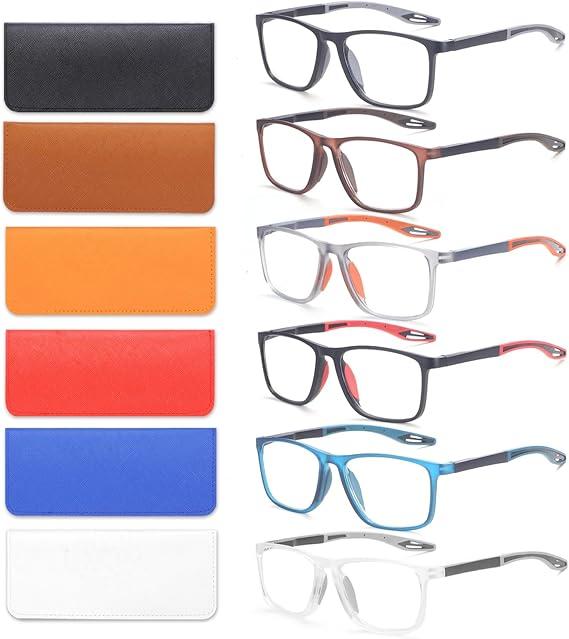 BLOEXCLU 6 Pack Reading Glasses for Men Sports Style Blue Light Blocking Readers with Spring Hinge Women Eyeglasses (Black & red & Brown & Orange & Blue & transparent, 3 x)