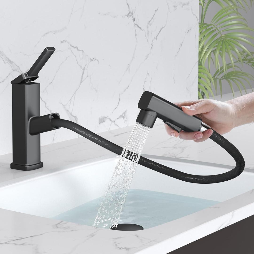MIAOHUI Pull Out Single Hole Bathroom Faucet, 3 Spray Mode Single Handle Bathroom Faucets for Sink 1 Hole, Bathroom Sink Faucet with Pull Down Sprayer, Vanity Faucet with Fountain Mode, Matte Black (Regular)