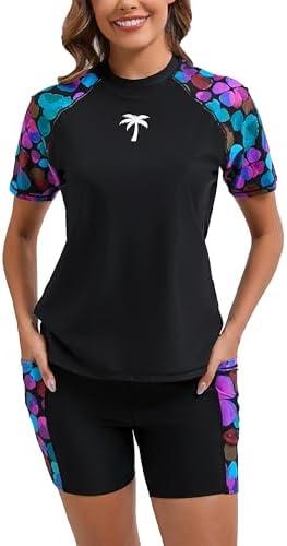 Halcurt Women's Two Piece Rash Guard Swim Shirts Built in Bra Swimsuit with Boyshorts with Pockets Medium