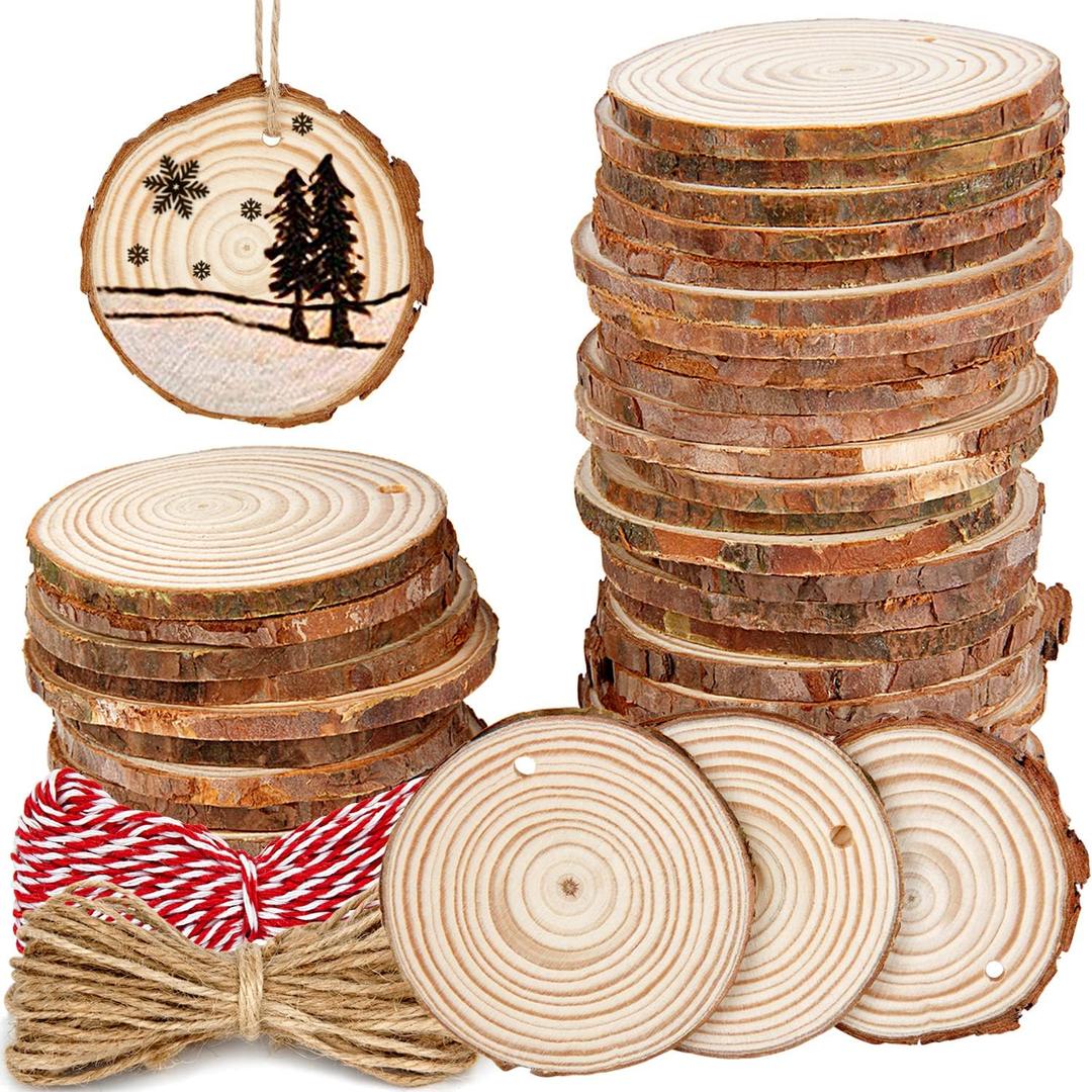 50 Pieces 2.4"-2.8" Natural Wooden Slices,Colovis Unfinished Wood Circles with Holes Tree Bark Round Log Discs DIY Crafts Hanging Ornaments (50 Pcs, Natural Wood)