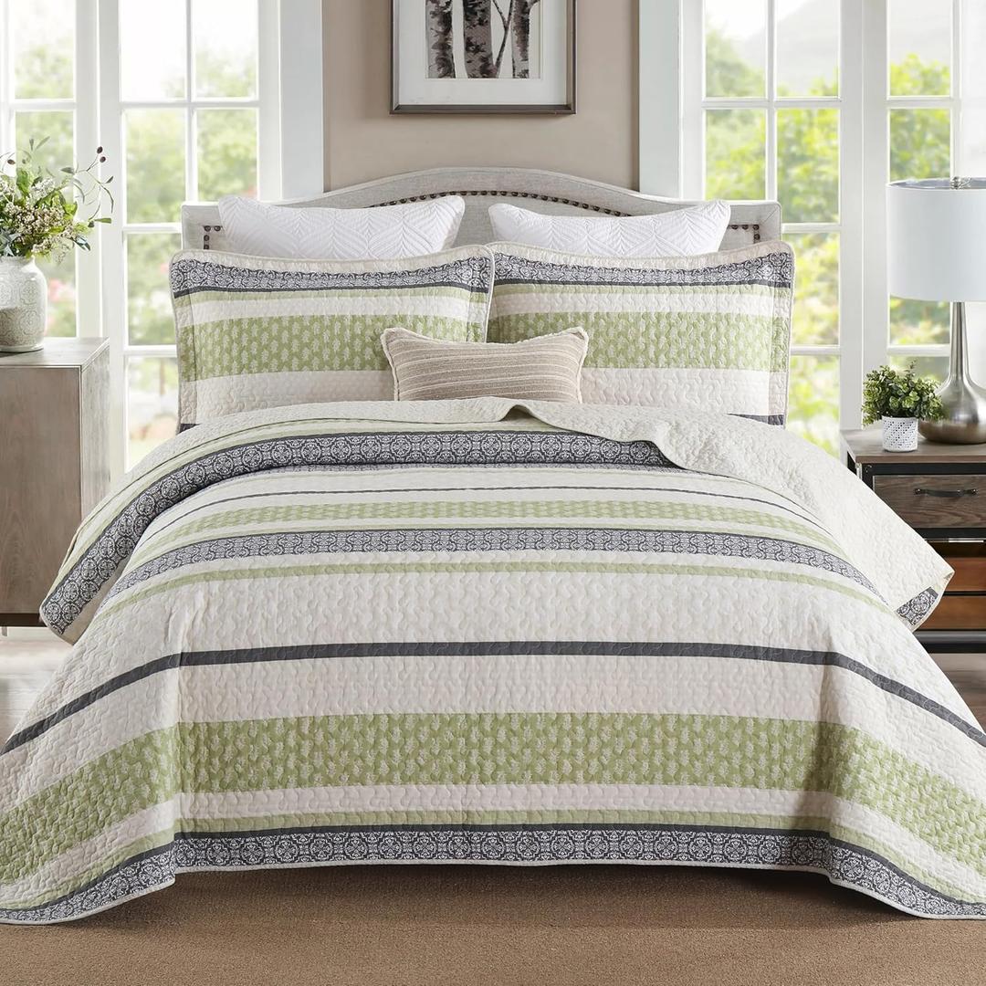 Homzard Quilts Queen Size,Cotton Queen Comforter Set,Green Beige Grey Quilt Bedspread Set,Striped Bedding,Cotton Lightweight Bed Comforter All Season 3 Piece (Queen (90"x98"))
