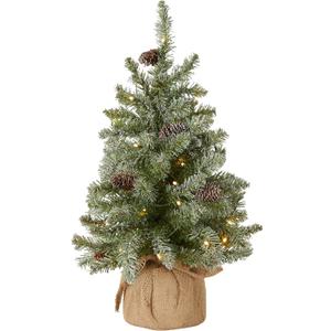 National Tree Company 2 ft Pre-Lit Flocked Mini Artificial Christmas Tree, 50 Clear LED Lights, 75 Tips, Pinecones, Burlap Base, Timer, Green