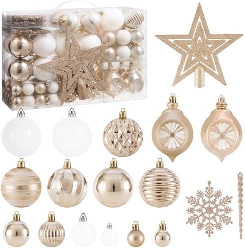 99PCS Christmas Tree Balls Ornaments Set with Topper, Champagne+White Shatterproof Hanging Christmas Tree Decorations