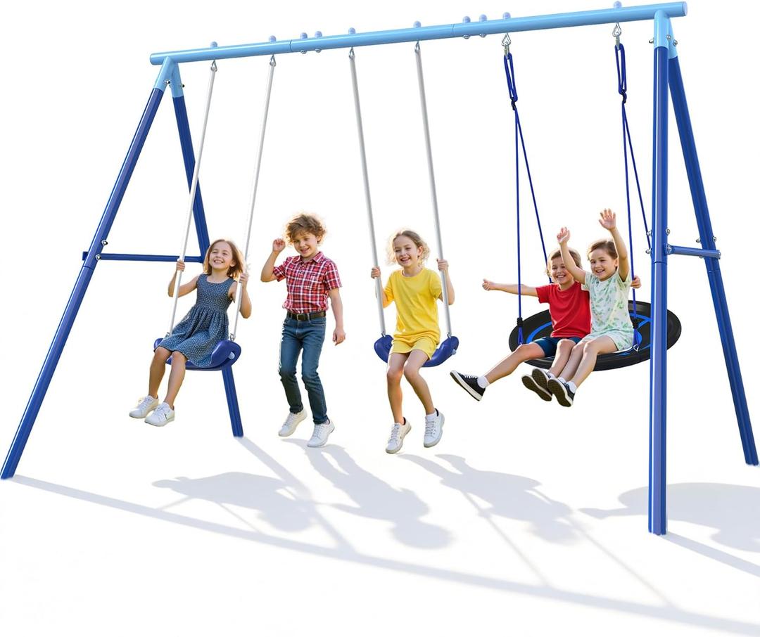 Heavy Duty Swing Set for Kids Ages 3-8 - 600 lbs Capacity Outdoor Metal A-Frame Playset, 3-in-1 Backyard Playground Equipment with 2 Blow Molded Belt Swings and 32" Saucer Swing
