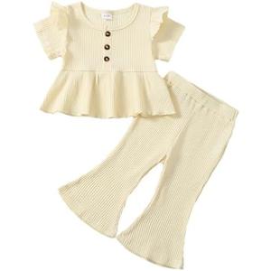 Baby Girl Clothes Toddler Girl Cotton Outfit Rib Long Sleeve Shirt Top Solid Pants Infant Girls Set 2-3Y, Light Yellow