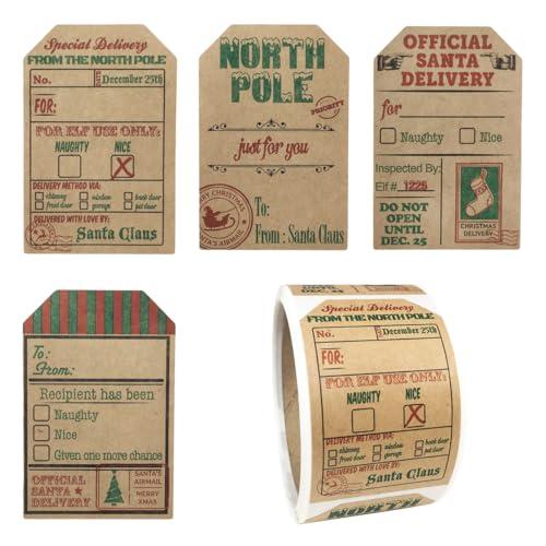 Natural Kraft from Santa Claus Gift Tag Stickers – 2 x 3 Inch Holiday Labels, Roll of 90 – Rustic Christmas Tags for Wrapping Presents, Made in The USA