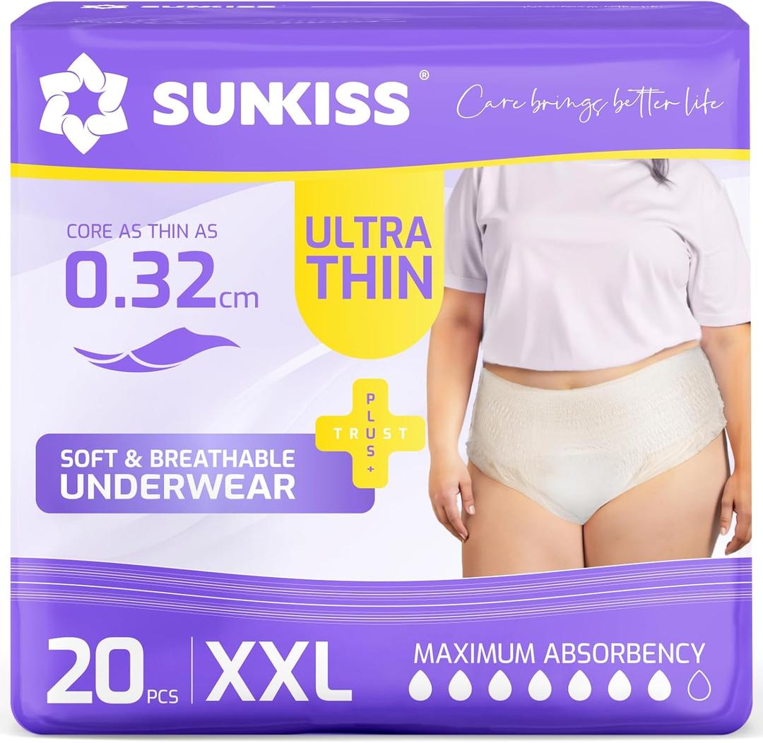 SUNKISS Ultra Thin Incontinence Underwear for Women, High Absorbency & Super Soft Postpartum Diapers, Disposable Adult Pull Ups, Unscented, XXLarge, 20 Count