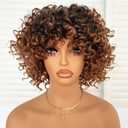 Charming cascade Short Kinky Curly Wig with Bangs, Ombre Brown Loose Curly Bob Wig, 6 Inch Synthetic Heat Resistant Bouncy Curls, Full Wig for African American