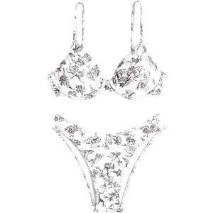 SHENHE Women's Underwire 2 Piece Swimsuits Floral High Cut Bikini Set Bathing Suit (XS, Black and White)