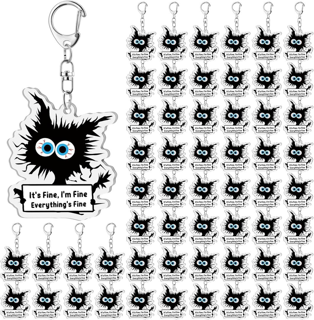 Ferreve 100 Pcs Funny Black Cat Keychains Employees Appreciation Gifts Bulk Its Fine Everythings Fine for Vet Cat Lovers Coworkers