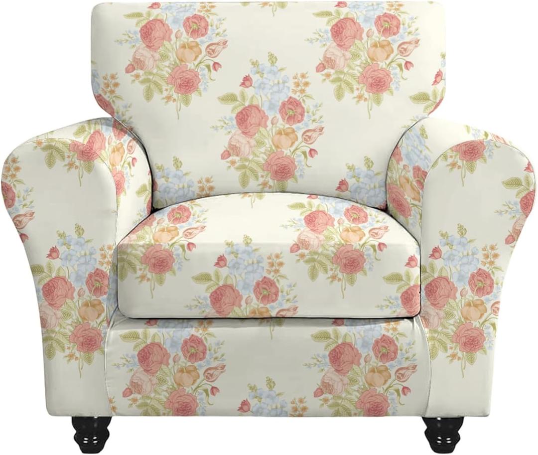 FUANGUI 2 Piece Chair Covers Stretch Arm Covers Chair Couch Covers, Armchair Slipcover with Separate Chair Cushion Cover, Floral Washable Chair Protector for Living Room (Armchair, Rose Pattern)