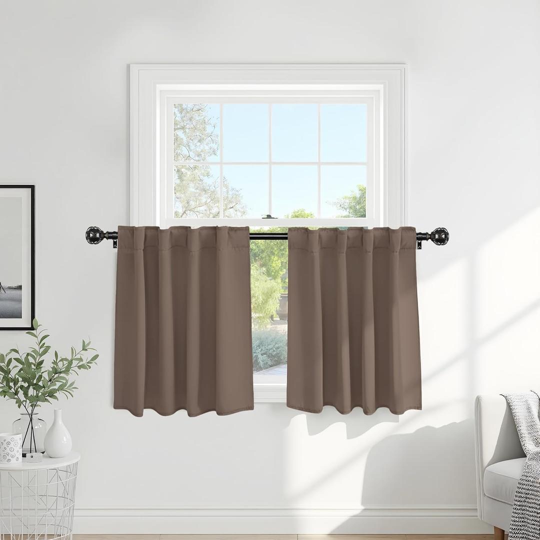 PONY DANCE Small Blackout Curtains for Kitchen Windows, Short Drapes for Bathroom, Thermal Insulated Window Curtains Tiers for Basement, W 29 x L 36, Mocha, 1 Pair