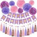 RUBFAC Purple Pink Birthday Party Decorations Set With Happy Birthday Banner, Tissue Paper Pompoms, Tassel Garland, and Circle Dots Garland for Women Girls