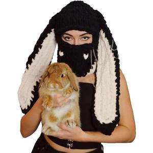 Y2k Knit Balaclava Face Mask for Women Men Bunny Ear Horn Ski Scarf Winter Warm Hat Knit Skull Beanie for Halloween (One Size)