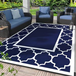 GENIMO Outdoor Rug 8' x 10' Patio Waterproof, Foldable Reversible Plastic Straw Area Rugs Mat for Camper Decor, Outside Carpet for Rv, Deck, Porch, Picnic, Beach, Balcony, Blue & White (Navy Blue & Whitewaterproof)