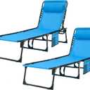 Folding Chaise Lounge Chair Bed Set of 2 - Heavy-Duty 400lb Capacity Portable Adjustable Recliner w/Pillow for Patio, Pool, Camping, Sunbathing - Lay Flat Design (Blue)