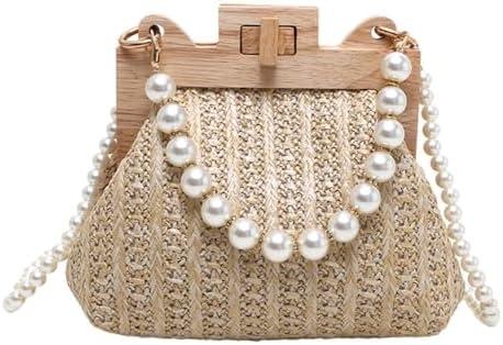 Straw Beach Bags For Women Summer Straw Cross-body Bag Raffia Handbag Pearls Purses Shoulder Bag Shell Shaped Bag 2025