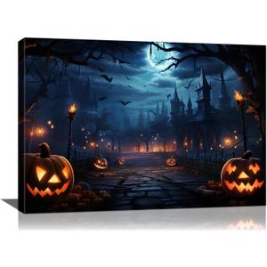vandlife Halloween Home Decoration Dark Blue Ghost Castles Canvas Wall Art Smiling Creepy Pumpkin Lantern and Bats Flying Under the Moon Framed Poster Decor for Living Room Bedroom 24x16in