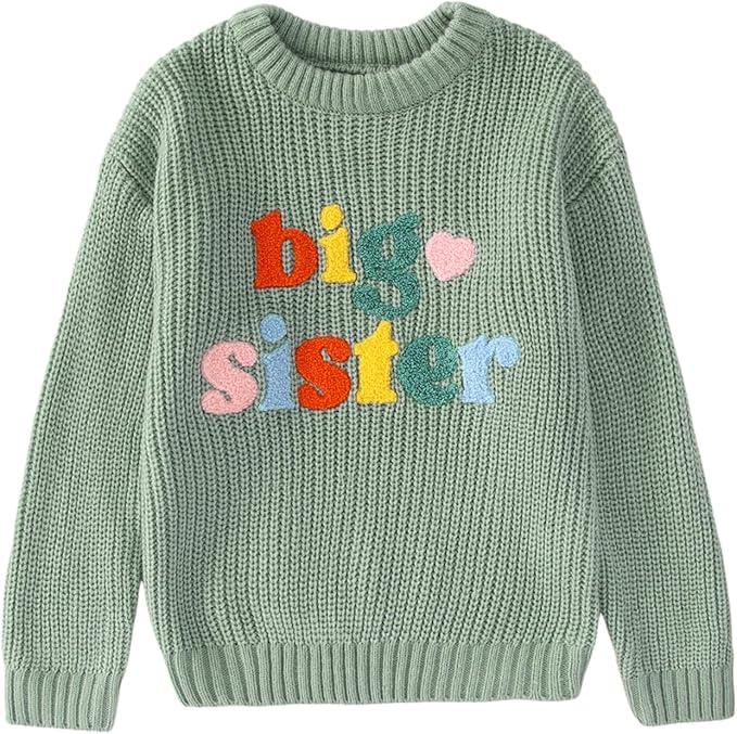 IZYJOY Big Sister Sweater Toddler Baby Girl Knit Embroidery Long Sleeve Pullover Sweatshirt Warm Fall Winter Top Clothes (1-2T, Green)