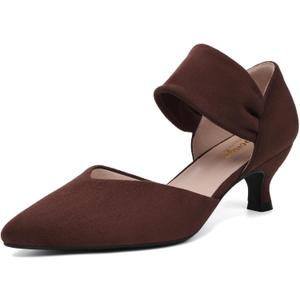 RIBONGZ Kitten Heels for Women Closed Toe Comfortable Low Heels Pointed Toe Sexy Slip on Pumps Bridal Party Dressy Shoes (Brown, Size: 6)