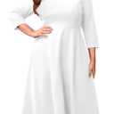 Runwind Women's Plus Size Midi Dress Classy High Waist Wedding Guest Dress Casual Crew Neck 3/4 Sleeve A-Line Swing Dresses. Size XL