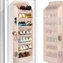 7 Tier Over The Door Shoe Organizer, Hanging Shoe Rack for Closet with Dustproof Mesh Curtain & 6 Side Pockets, Behind The Door Narrow Shoe Holder Hanger for Sneakers, Boots (Beige)