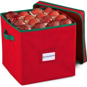 Durable Non-Woven Christmas Ornament Storage Box with Removable lid, Stores up-to 64 Standard Holiday Ornaments & Xmas Decorations For Seasons To come - 12 x 12 Inch 4 Layer Ornament Storage Container